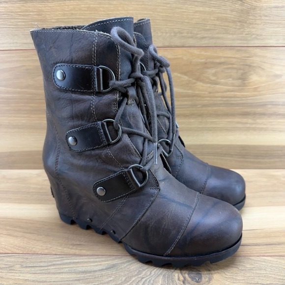 Sorel Joan Of Arctic Wedge Boots 7 Brown Marbled Leather Waterproof Lace Up - Picture 1 of 11